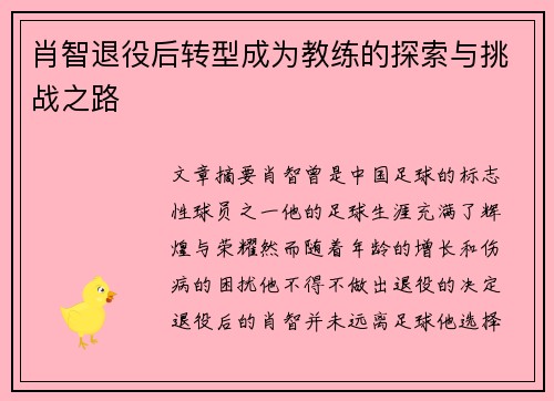 肖智退役后转型成为教练的探索与挑战之路