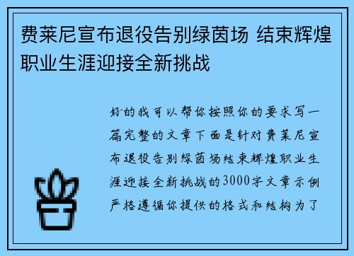 费莱尼宣布退役告别绿茵场 结束辉煌职业生涯迎接全新挑战